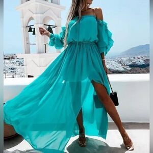 Cupshe Sexy Boho Off shoulder Beach Style ruffles split Turquoise M RefCPS046-3‎